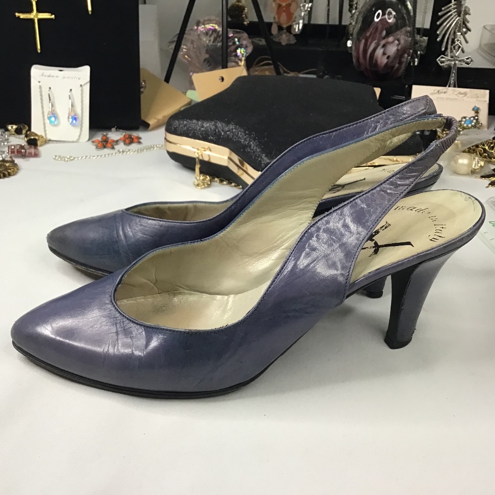 YSL vintage leather sling back blue grey 6.5